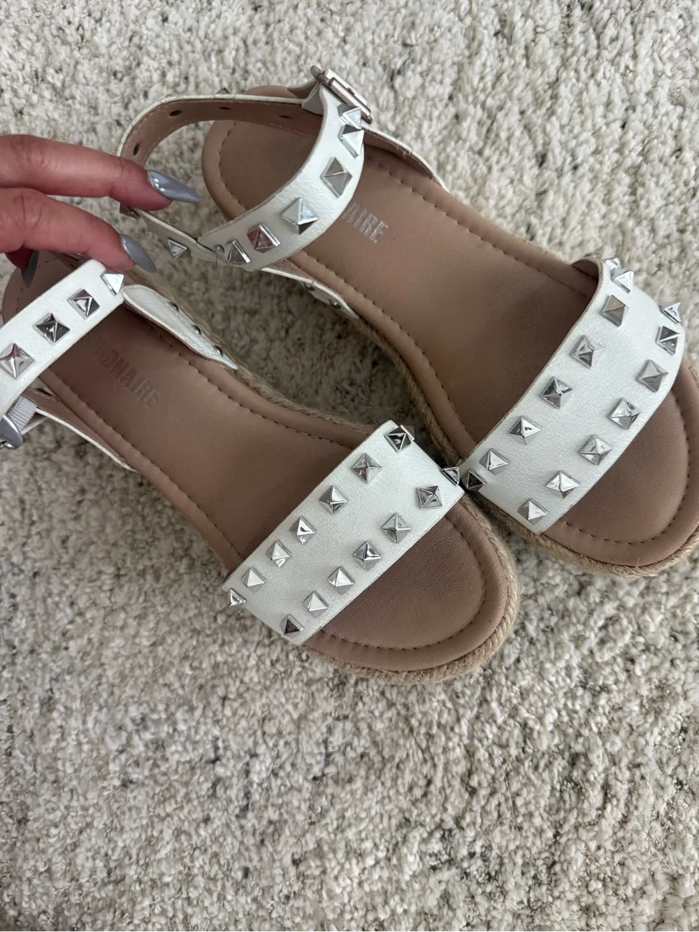 Silver-Studded White Espadrille Wedge Sandals